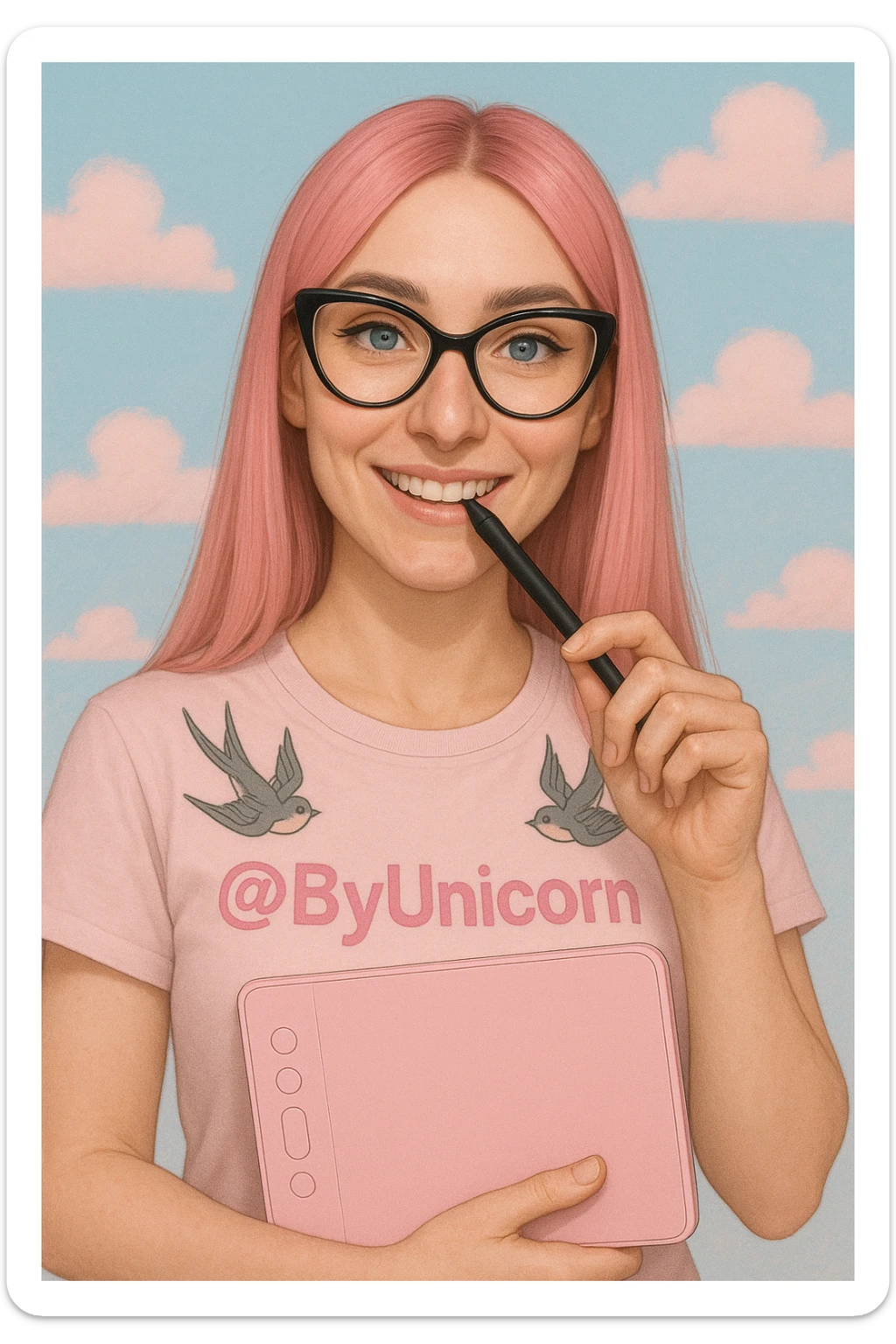 A girl from the waist up with long straight pink hair, expressive blue eyes, a nose with a small hump, two symmetrical swallow tattoos on her collarbones. She wears a pastel light pink t-shirt with a more saturated pink @ByUnicorn print. On her face are black cat-eye shaped glasses. In her right hand, she holds a pastel pink graphic tablet, and in her left hand, she lightly bites the pen from the tablet with a smile. The background is a pastel blue sky with fluffy pastel pink clouds. Preserve the girl's appearance from the photo. sticker