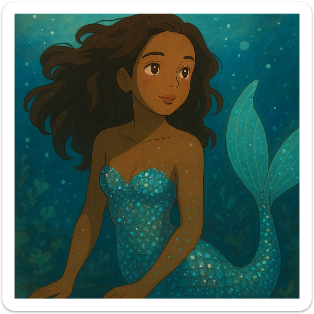 close-up of a mermaid with brown skin, sparkling iridescent scales, dreamy underwater background, ghibli style sticker