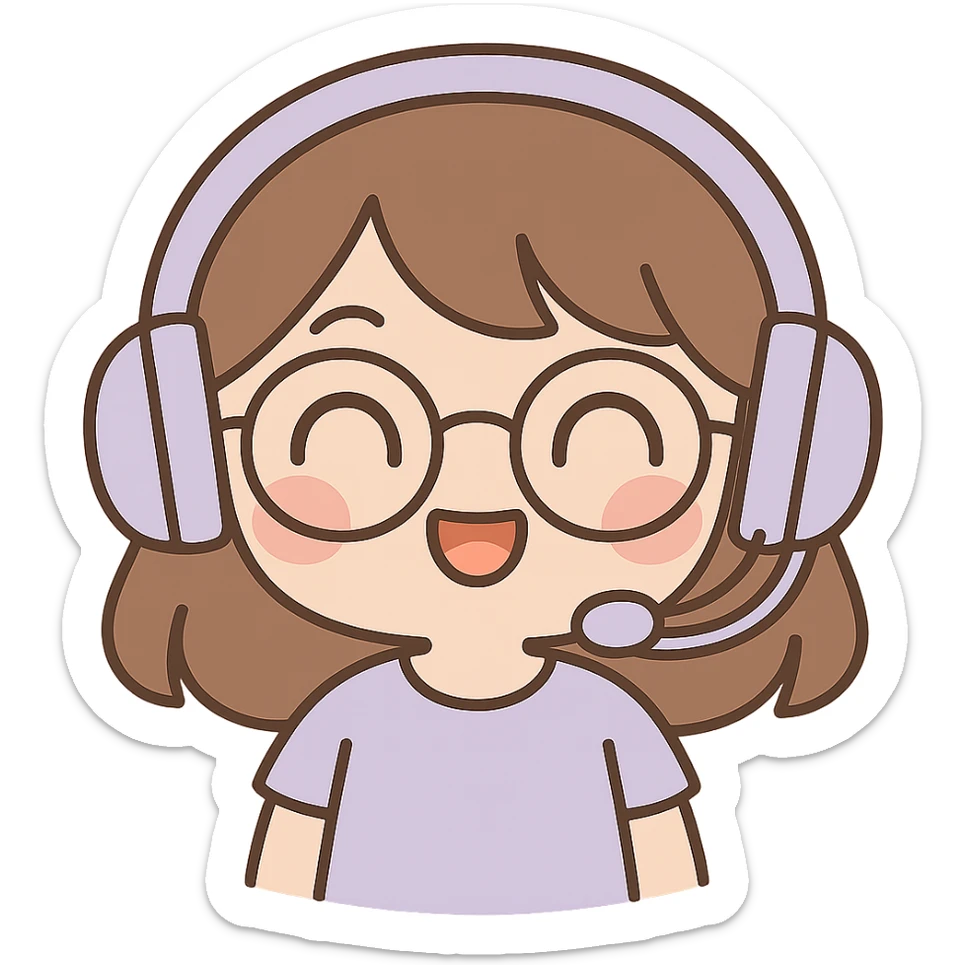 Edit the image to depict a female brunette with glasses and a purple gaming headset in chibi style, with a happy facial expression. Keep the background transparent. sticker