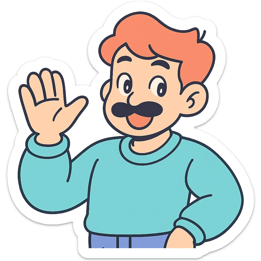 asian man with black mustache and red hair, 90's anime style, pastel toon style sticker