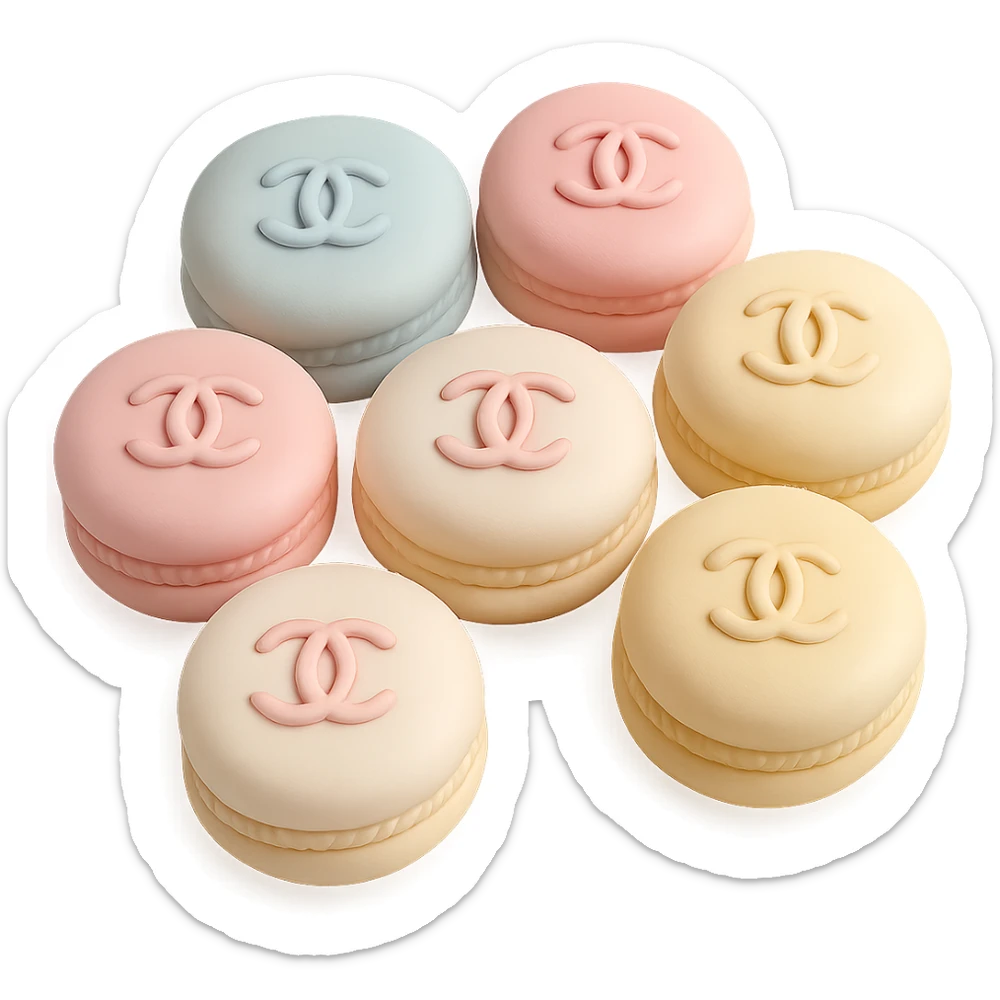 pastel Chanel macarons, each with a small edible logo, delicate and elegant sticker