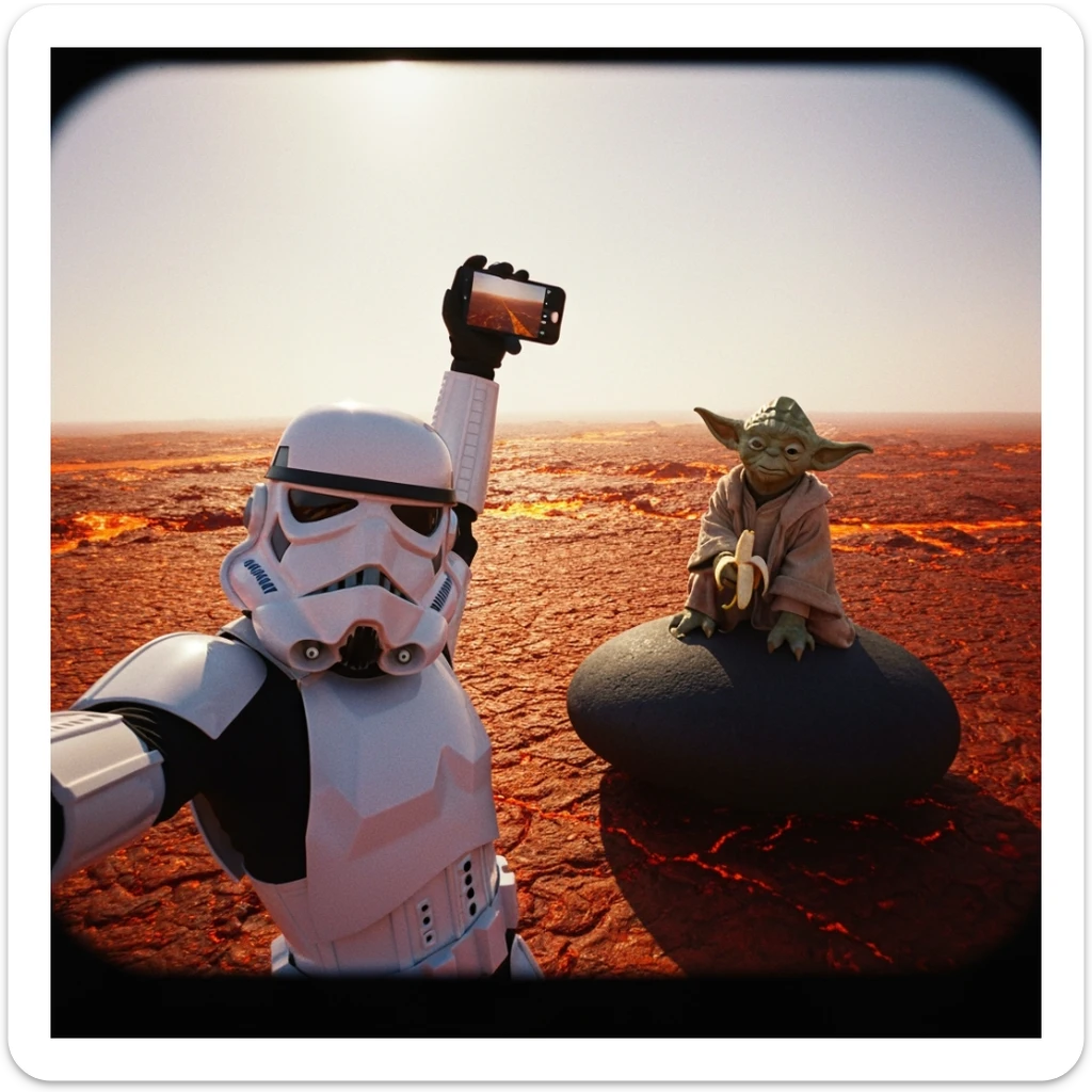Camera POV, Starwars stormtroopers vlogging selfie, he is walking on lava planet with yoda sticker