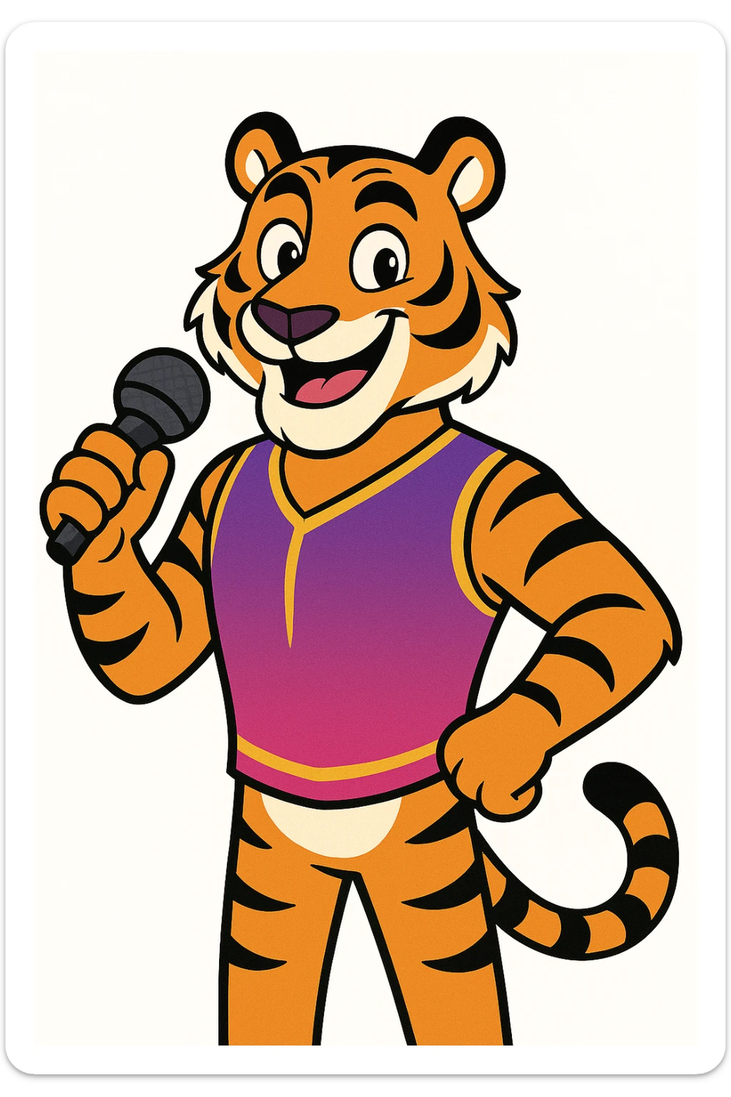 cartoon-style male tiger mascot standing upright smiling confidently with big eyes and a friendly expression wearing a purple and fuchsia vest or t-shirt holding a microphone in one hand clean modern colorful style with bold outlines and smooth shading color palette purple to fuchsia gradient gold accents white details energetic and fun perfect for a party and event company plain white background sticker