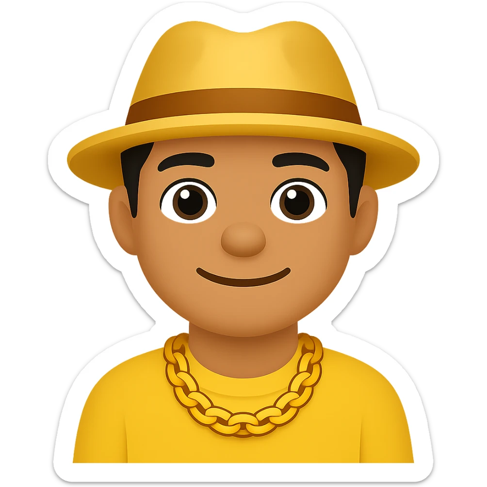 Create an image of a man with a gold chain and a fedora hat in the style of emoji style. The style should resemble emoji aesthetics with clear, simple, and colorful features. sticker