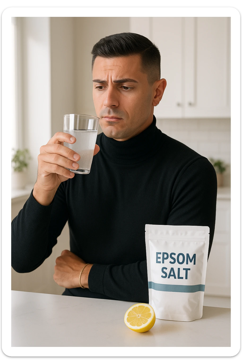 A realistic, bright photo-style image of a young man in his 30s standing in his kitchen, holding a clear glass filled with water in which Epsom salt (magnesium sulfate) has been dissolved. He looks focused but slightly uncertain as he prepares to drink it for a liver flush or digestive cleanse. The glass shows slight cloudiness from the dissolved salt. On the counter are a packet labeled 'Epsom Salt' and a sliced lemon, suggesting he might use it to mask the taste. The setting is clean, natural, and bright with neutral tones. The background shows sunlight streaming through a window, emphasizing a clean, minimalist health-focused environment. The mood conveys a realistic, calm moment of self-care with a hint of discomfort, illustrating a natural detox practice in italiano sticker