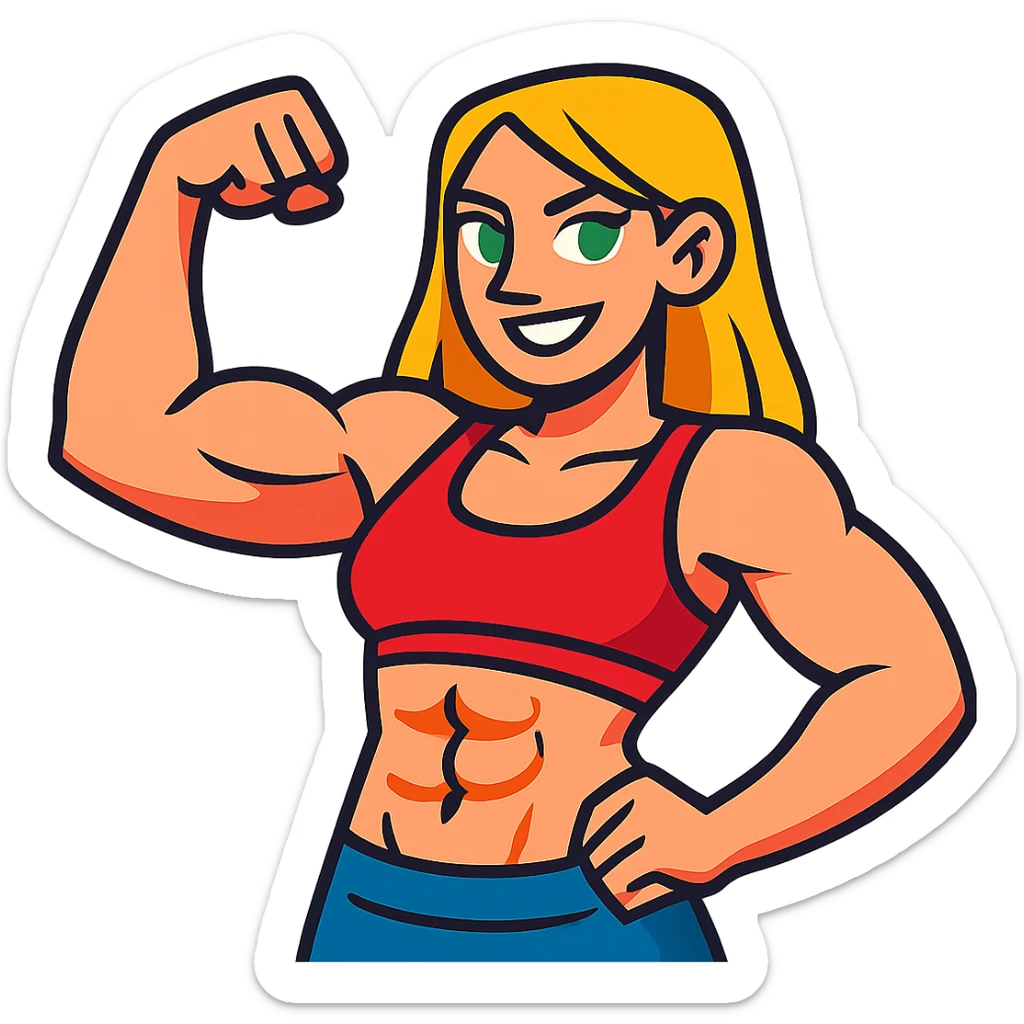 muscular white girl with blonde hair and green eyes, flexing 6 pack abs and one arm bicep sticker