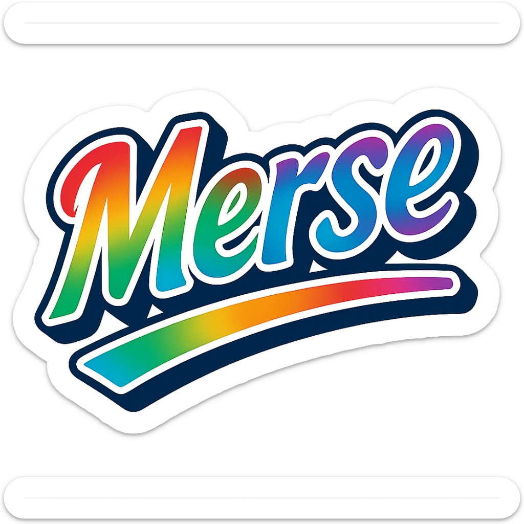 The word 'Merse' in modern Hungarian font with precise Hungarian letters, rainbow gradient fill, extra thick white outline around the letters, dark contour, transparent background, dynamic and slanted underline, in the style of the sample images. sticker