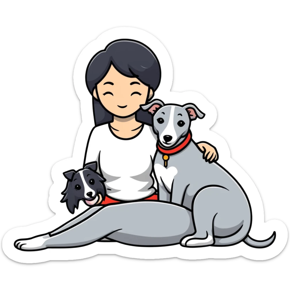 Very thin Chinese woman with long black hair relaxing in a luxurious hotel suite with exactly ONE whippet dog. EXTREME IMPORTANCE: the whippet must be ONE SOLID MEDIUM GREY COLOR (not too dark, not too light) from nose to tail with ABSOLUTELY NO WHITE MARKINGS anywhere - NO white on face, NO white on muzzle, NO white on chest, NO white on paws, NO white on tail - NOTHING BUT A SINGLE SHADE OF MEDIUM GREY throughout the entire animal sticker