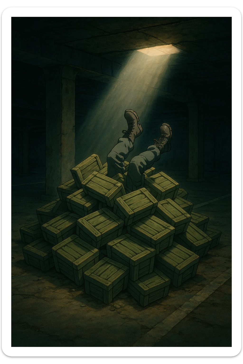 A pile of small oblong crates hidden in a parking structure with a beam of light shining from above, with someone’s boots sticking out like they dove in, tactical gear clothing  sticker