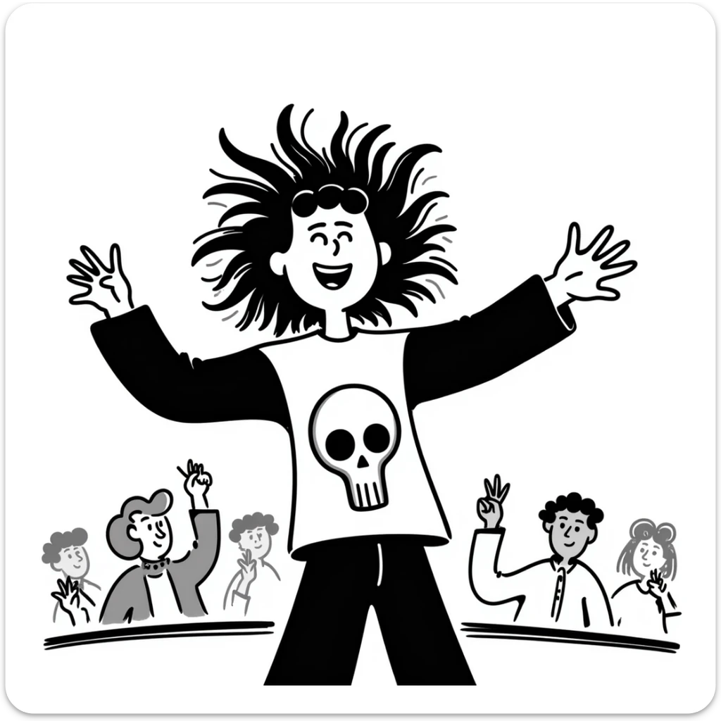 A person enthusiastically headbanging at a concert, wearing a band shirt with wild hair flying sticker