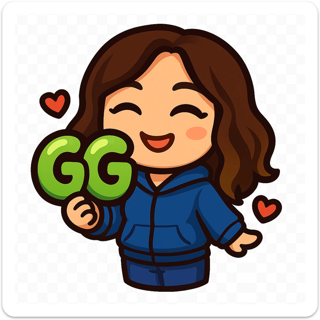 Create a chibi emote of a woman from the reference wearing a blue hoodie and jeans, holding a large, bubbly 'GG' sign with hearts, cute happy face, no headband, no wand, matching the attached green heart emote as a base, transparent background sticker