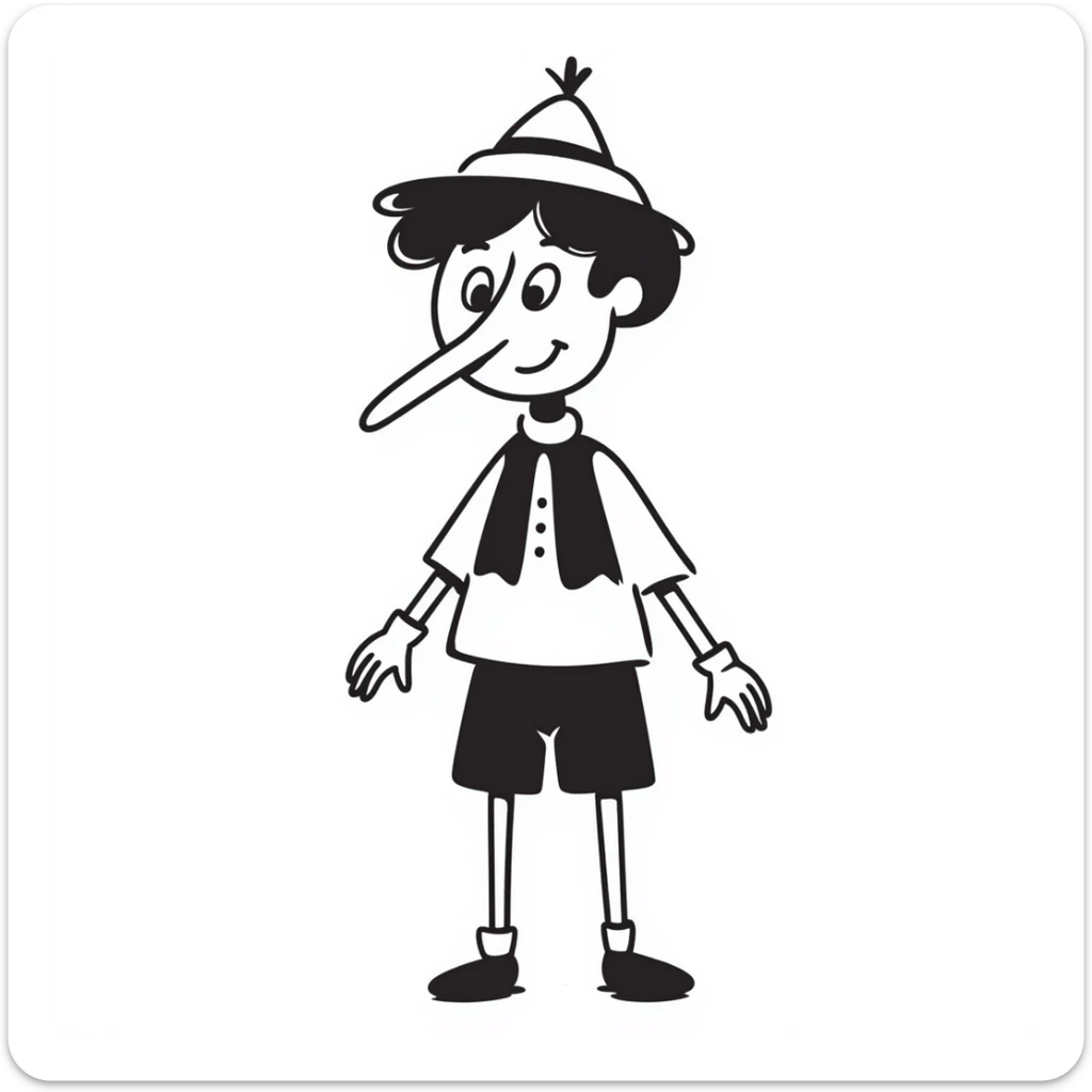 Hand-drawn Pinocchio puppet with a very long nose, wearing blue clothing and pointed hat sticker