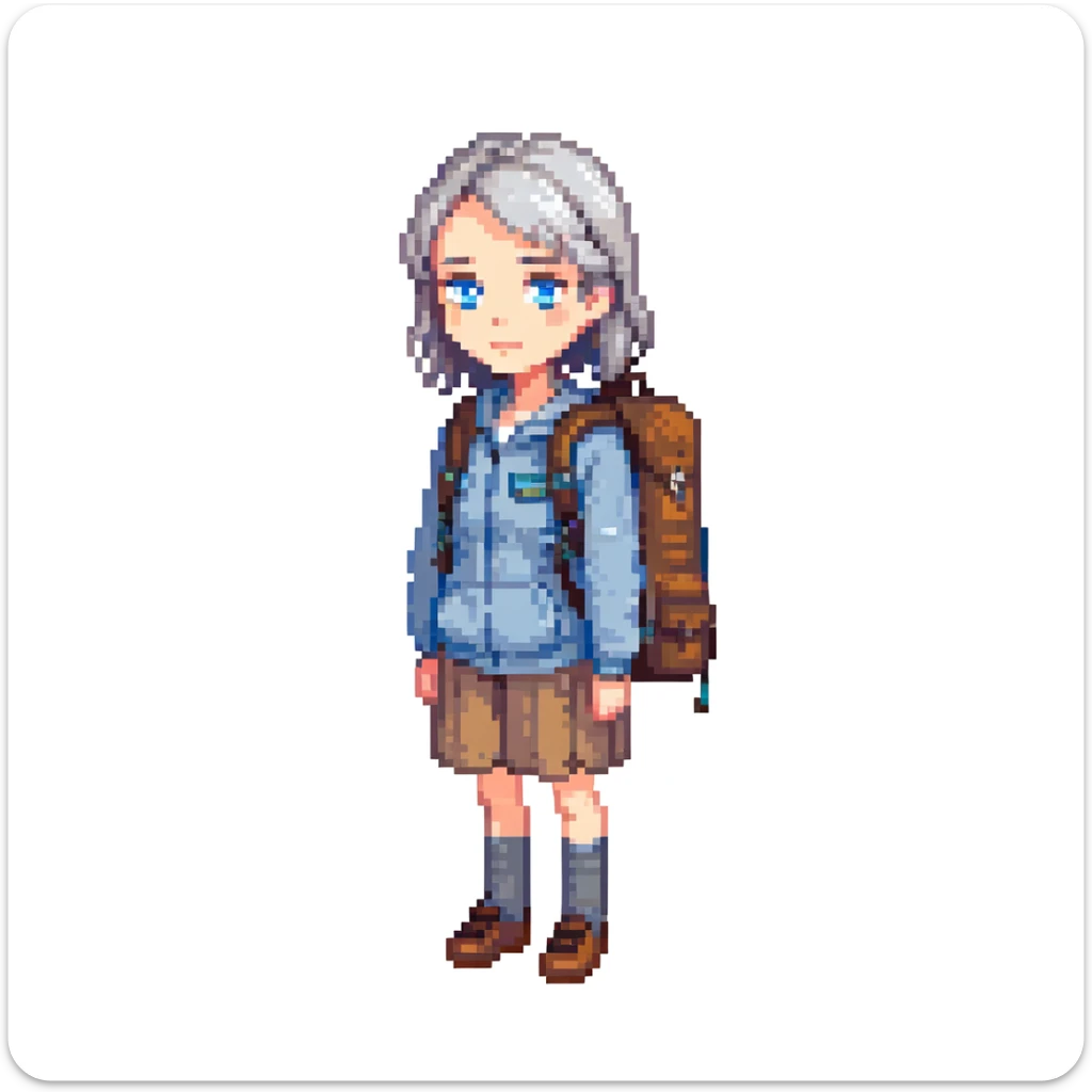 white woman park ranger with blue eyes, brown and gray hair, wearing a backpack, standing in a nature background sticker