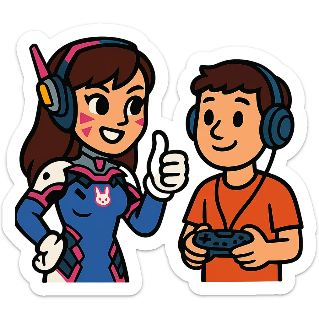 a cute Overwatch character like D.Va giving a thumbs-up to a casual player sticker