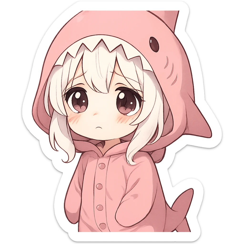 adorable anime girl, white hair, pink shark onesie, big sad eyes sticker