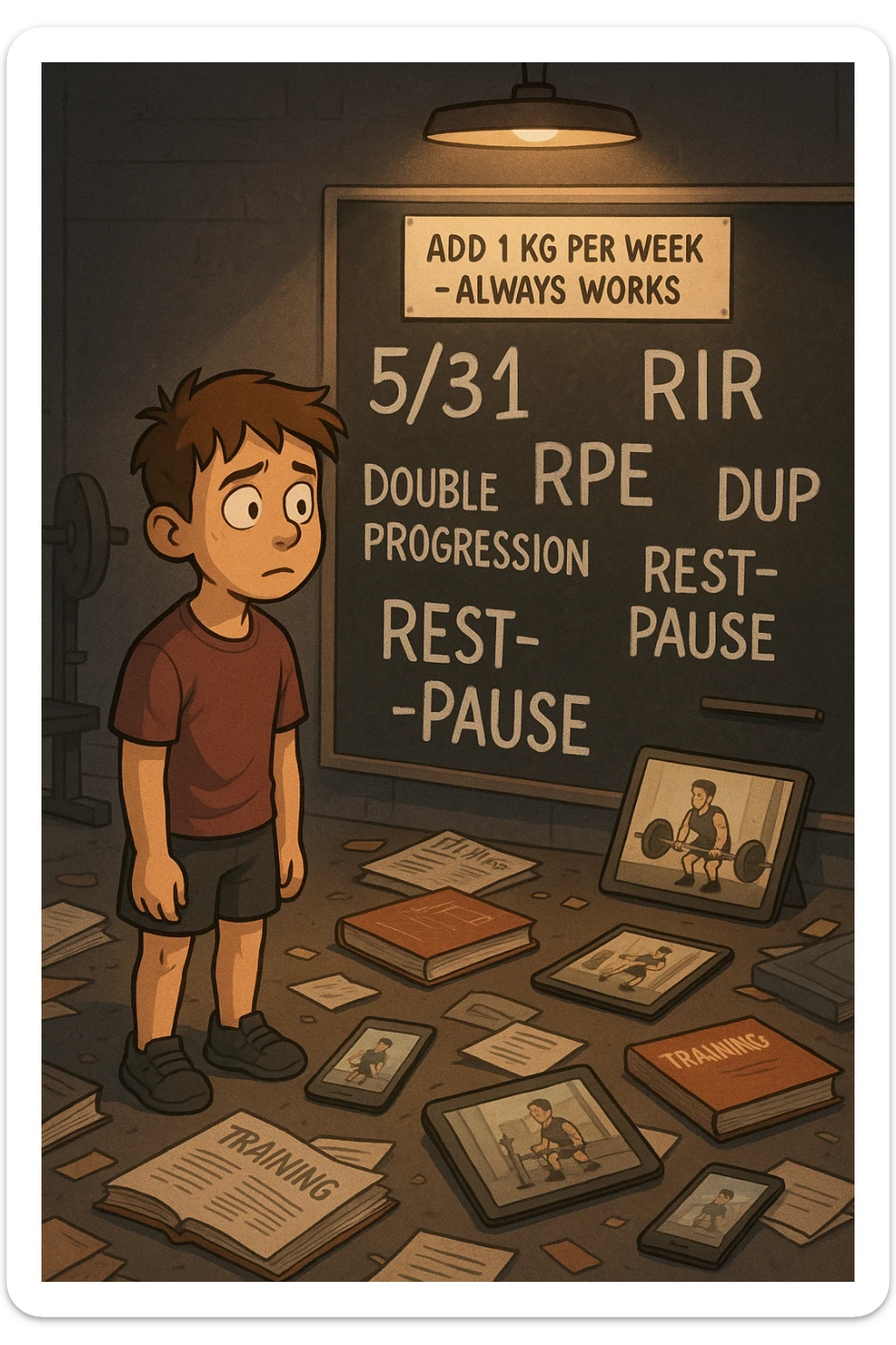 Giovane neofita in palestra, con uno sguardo perso davanti a una lavagna piena di metodi di progressione (5/3/1, RIR, RPE, double progression, DUP, rest-pause). È circondato da libri di allenamento e video tutorial su tablet e smartphone. Dietro di lui, un cartello piccolo ma chiaro: 'Aggiungi 1 kg a settimana – funziona sempre'. Atmosfera caotica intorno, ma luce calda sul messaggio semplice sticker
