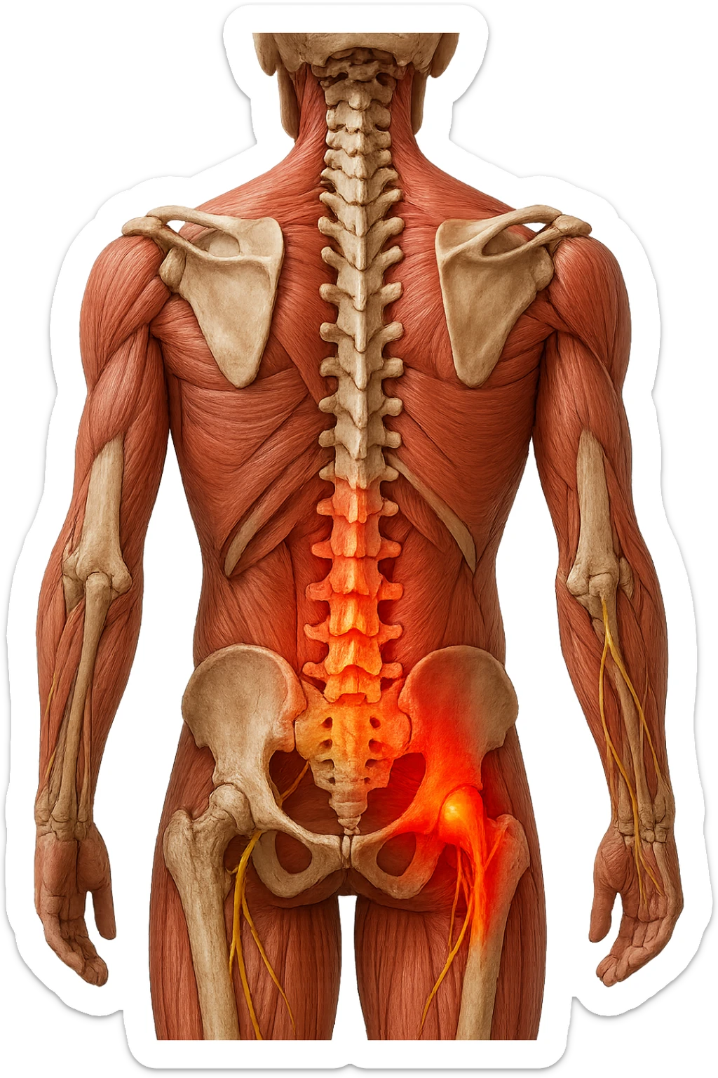 CORPO UMANO ANATOMICO REALISTICO DI SPALLE CON DOLORE ALLA LOMBARE INFIAMMATA, DOLORE ALL'ANCA, IPERREALISTICO 4K sticker