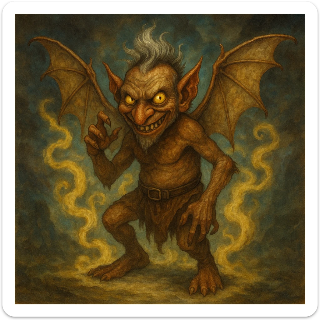 Add a smoky, magical background behind Igor the mephit, keeping the fantasy vibe. Maintain the fantasy style and atmosphere in the background to complement the character. sticker