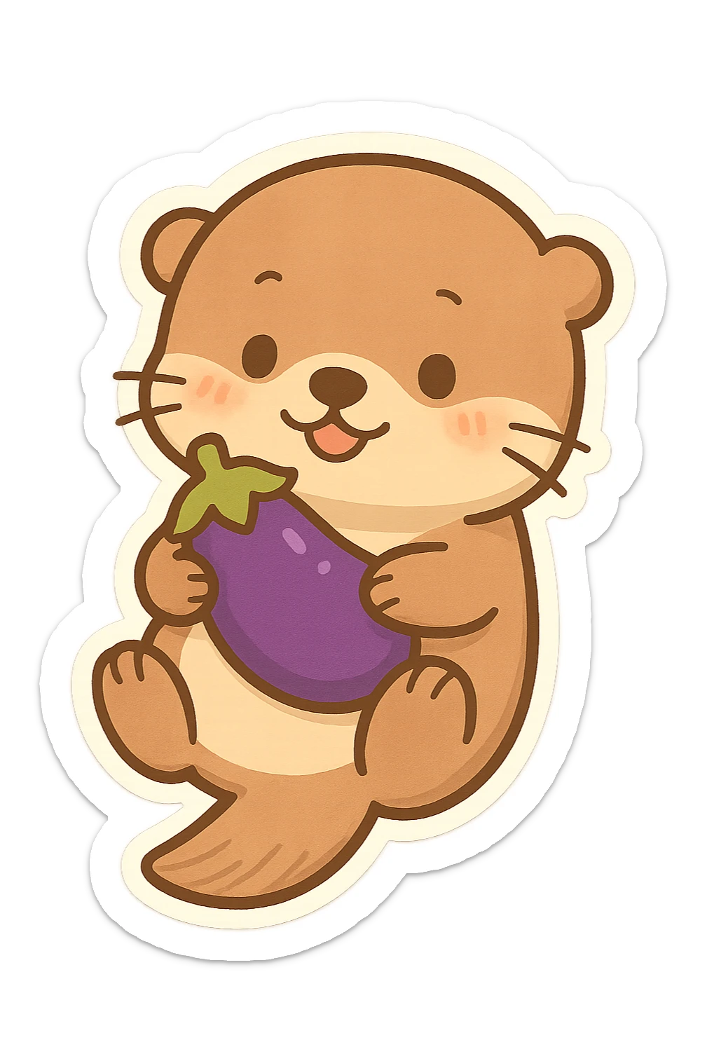 sea otter with an eggplant on its belly, cartoon style, chibi stickers style, simple and cute sticker