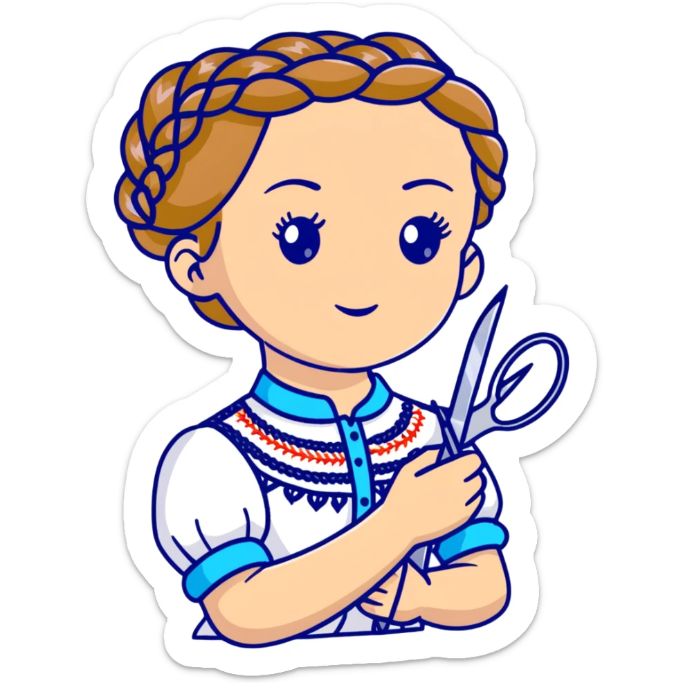 Ukrainian young girl with braided hair wearing a white embroidered traditional shirt (vyshyvanka) holding scissors and colorful craft paper sticker