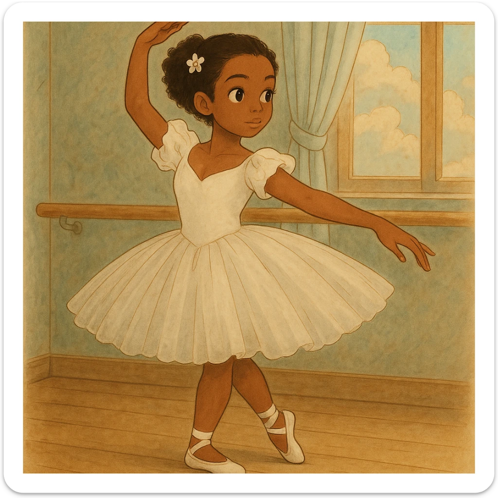 Make her a ballerina with dark skin and curly black hair in Ghibli style illustration. sticker