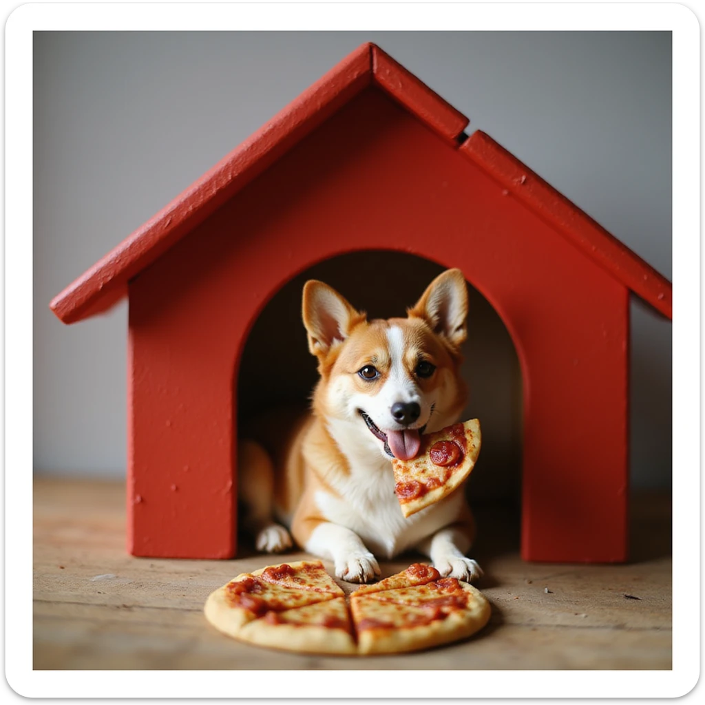 realistic red dog house with a Corgi dog inside, Corgi with a pizza slice, photorealistic style sticker