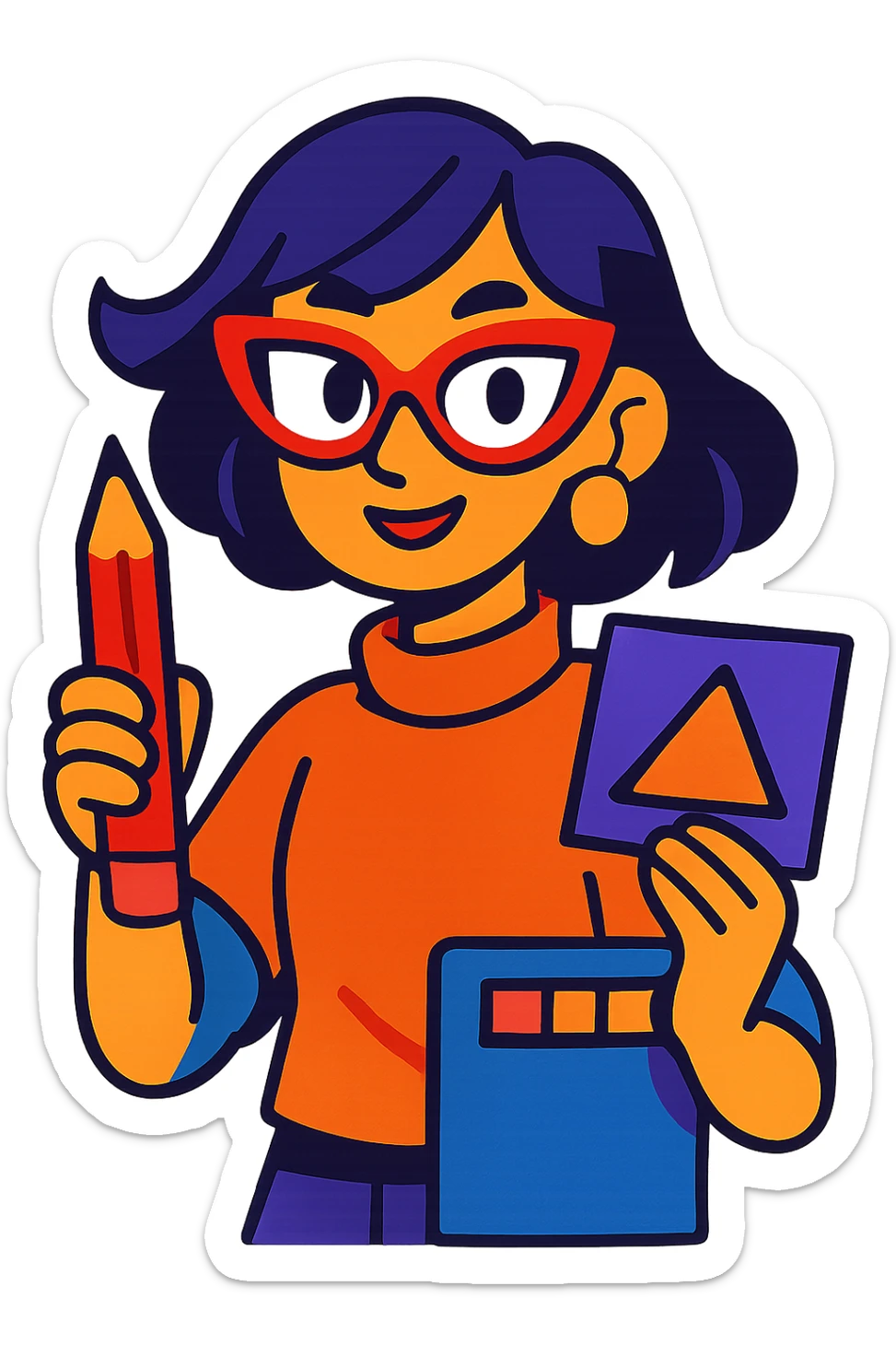 designer girl with medium hair, wearing cat-eyed glasses, vibrant cartoon style, creative sticker
