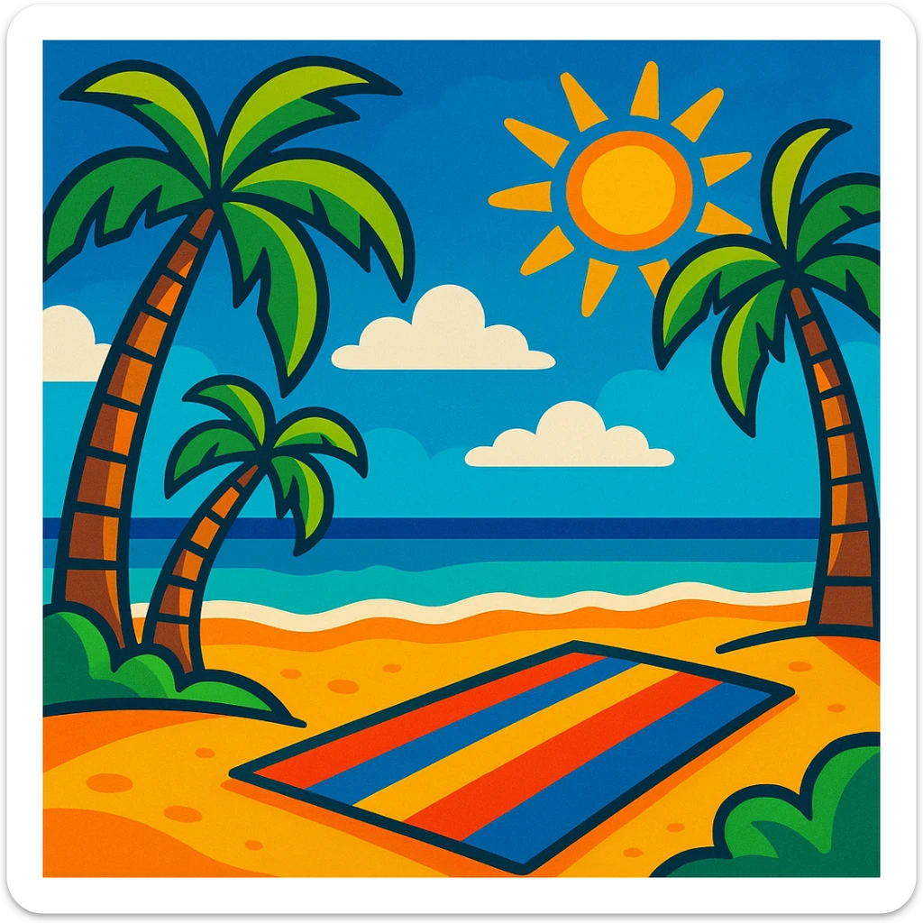 sunny beach scene with palm trees and a towel, vibrant cartoon style sticker