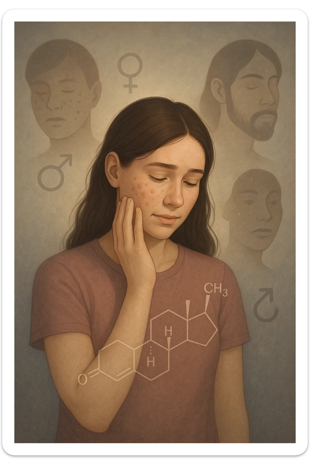 A young woman is surrounded by faint overlays of hormonal symbols and androgen molecules, with shadowy images of acne, facial hair, and oily skin projected around her, symbolizing the symptoms of PCOS with androgen excess. She looks down, gently touching her face with a resigned but hopeful expression, symbolizing her journey toward managing these symptoms. sticker