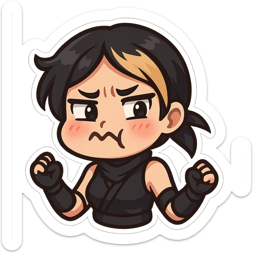 Sexy chibi ninja girl with black short hair and a blonde streak, only head and arms, colorful chibi style with bold outlines, transparent background, no mask, 'ew' expression with cheeks puffed, eyebrows raised, and mouth in a zigzag, sized for Twitch emoji use. sticker