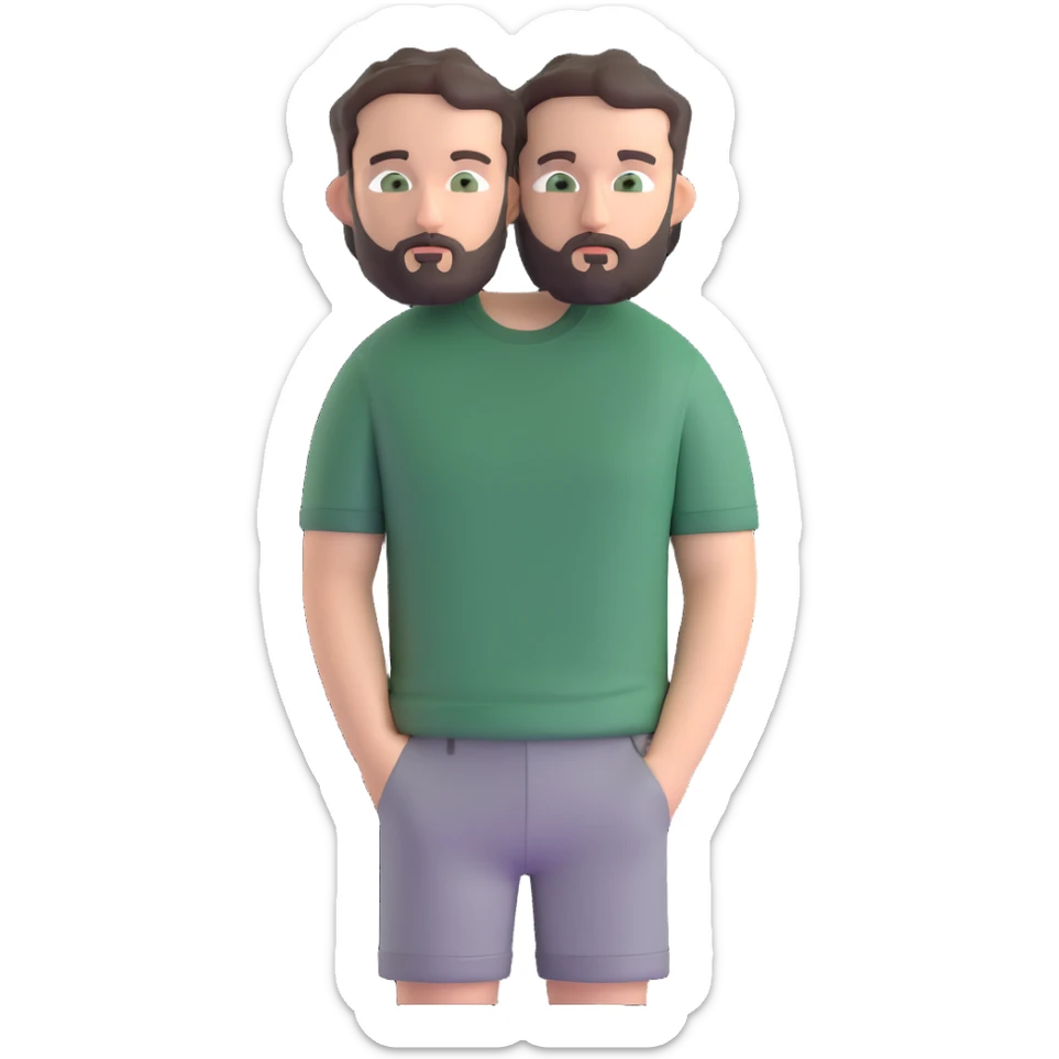 white man with dark messy short hair, dark green eyes, gray t-shirt, and short beard sticker