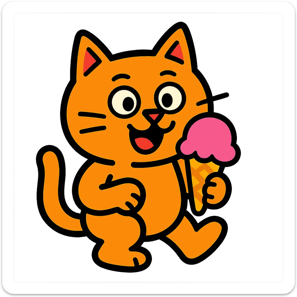 cartoonish cat with an ice cream cone, vibrant cartoon style sticker