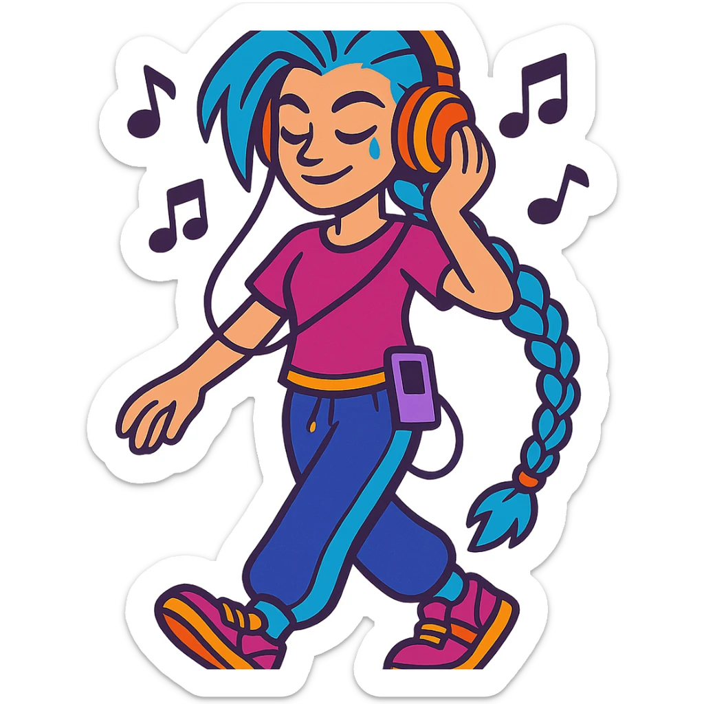 Jinx from Arcane in everyday life, sportswear, listening to music with headphones, vibrant toon style sticker
