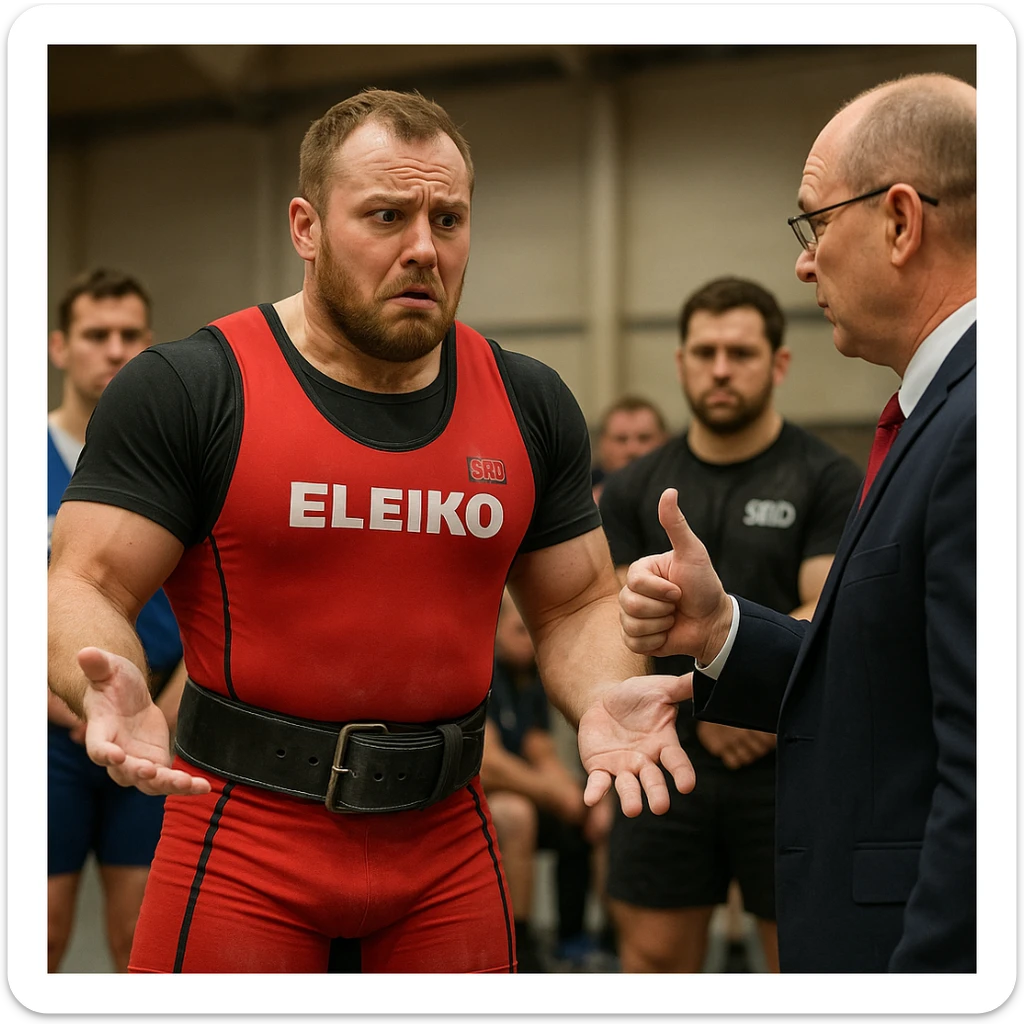 realistic European powerlifter in competition clothing, receiving exclusion verdict from official, incredulous expression, other athletes in background, atmosphere of disappointment, detailed, competition hall background sticker