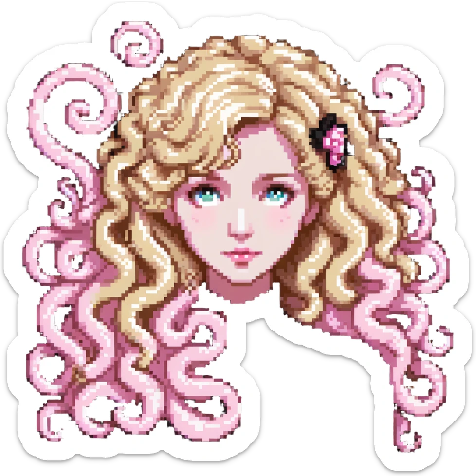 pale girl with curly medium-length blonde hair and baby pink swirls sticker