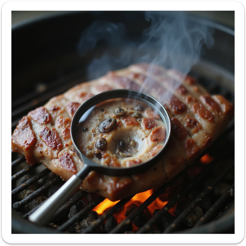 symbolic scene: cooked pork meat on grill, magnifying glass showing live parasites inside, alert atmosphere, 4K quality sticker