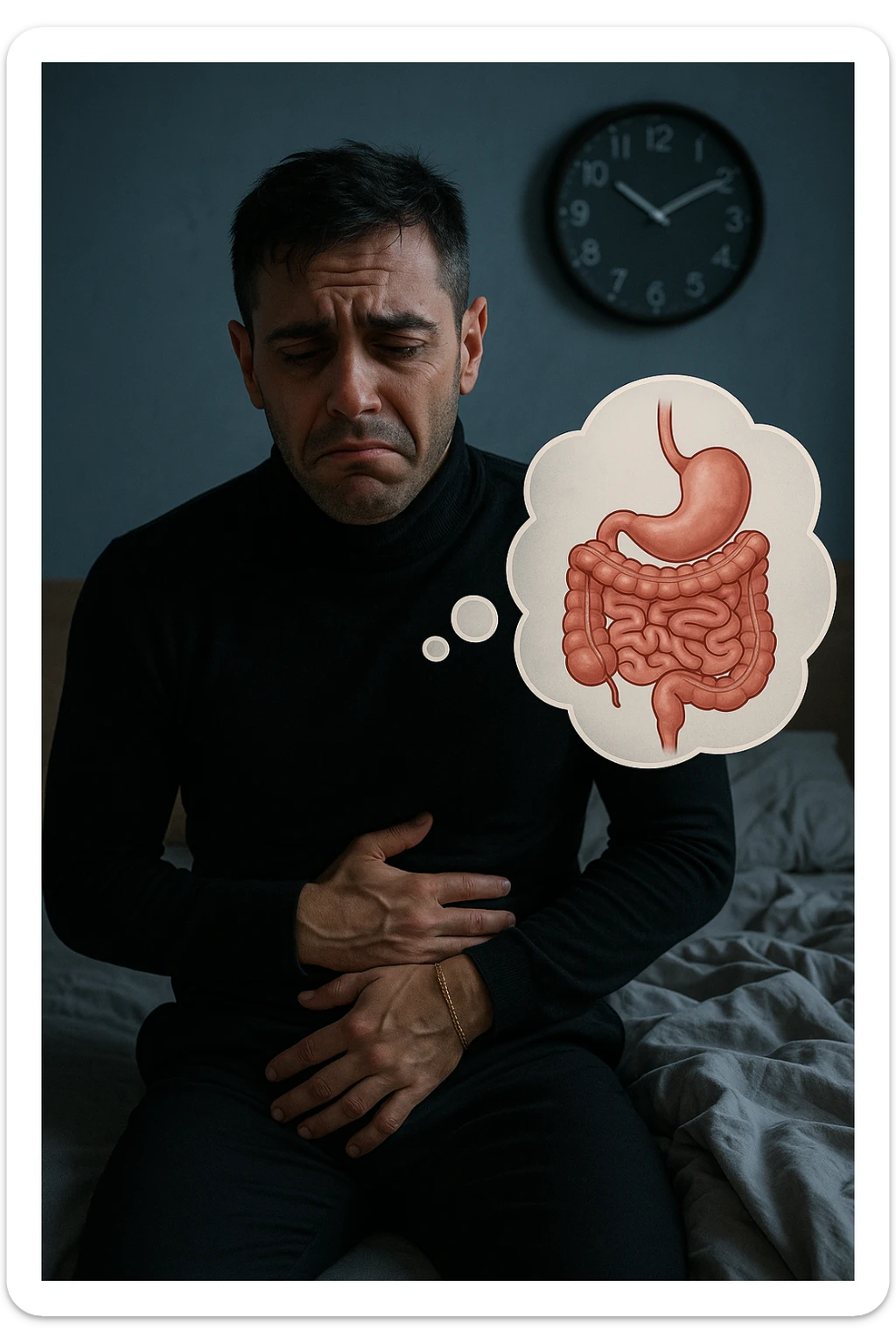 a tired-looking man sits on the edge of his bed at dawn, holding his stomach with a pained expression. Dark circles under his eyes and a messy bed indicate poor sleep. In the background, a clock shows early morning hours, and a thought bubble or overlay highlights digestive organs, emphasizing intestinal discomfort linked to sleep deprivation. sticker