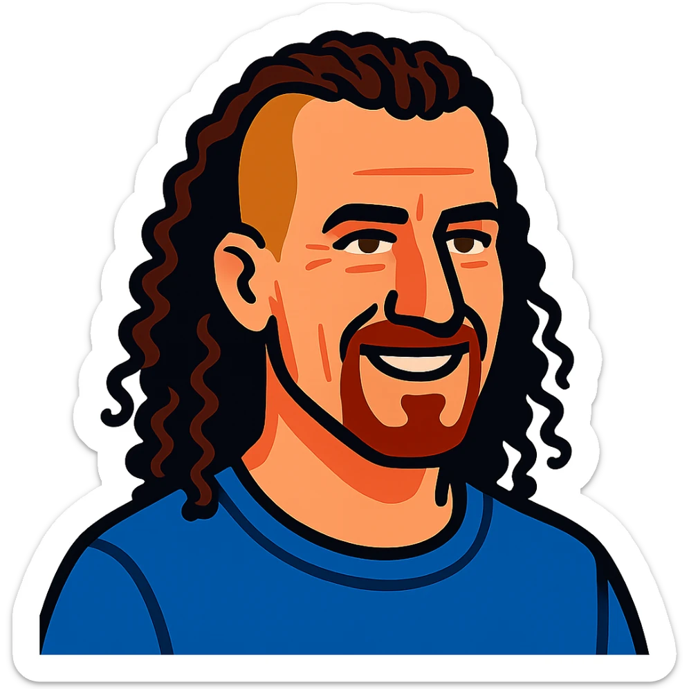 vibrant toon style white man in his 40s, long tight curly hair with short sides, no background sticker