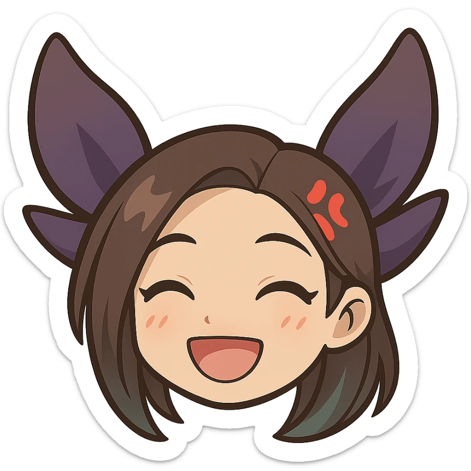 Create a chibi style emote of Kaisa from League of Legends showing a happy expression, only the head is visible. This is alternate happy expression 1 with a transparent background. sticker
