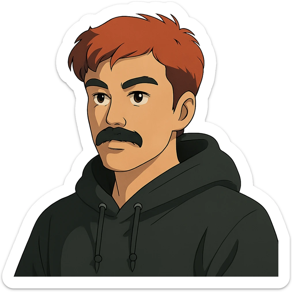 Asian man with black mustache, red hair, wearing a black hoodie, in 80's Japanese cyberpunk anime style sticker