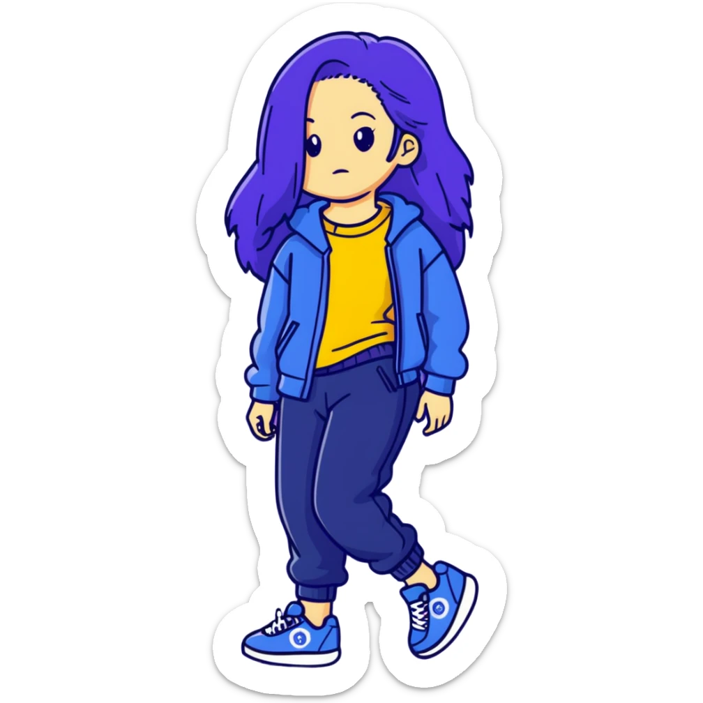 female with slim hourglass shaped body, purple long hair, wearing a blue sweater, dark blue sweatpants, and black sneakers, full body view sticker