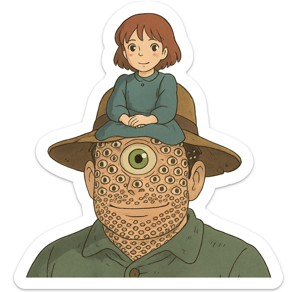 guy with 300 eyes, one big green eye in the middle of his head, hat made out of a girl on his head sticker