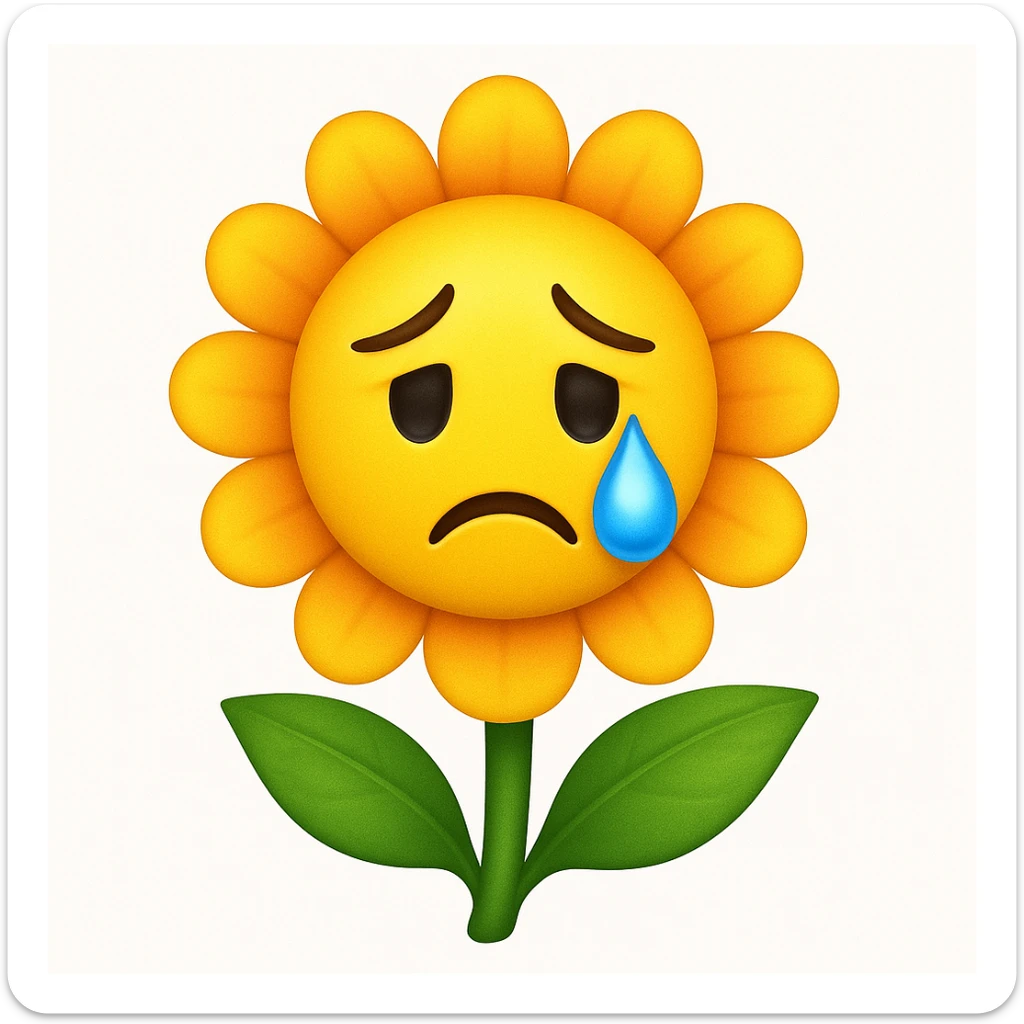Make the sad flower with a teardrop in the style of apple style emojis sticker