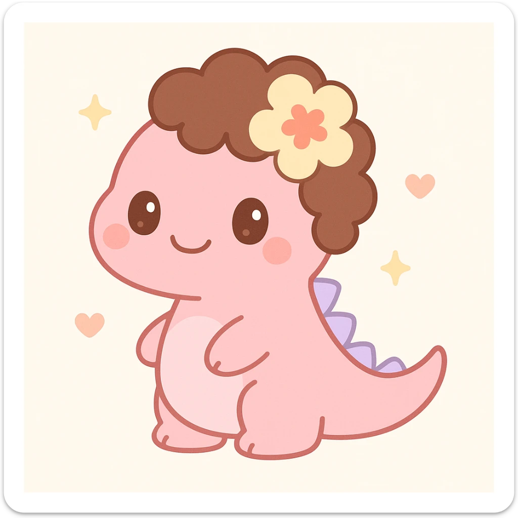pink dinosaur with brown curly hair, a Hawaiian flower in her hair, and brown eyes, cute cartoon style sticker