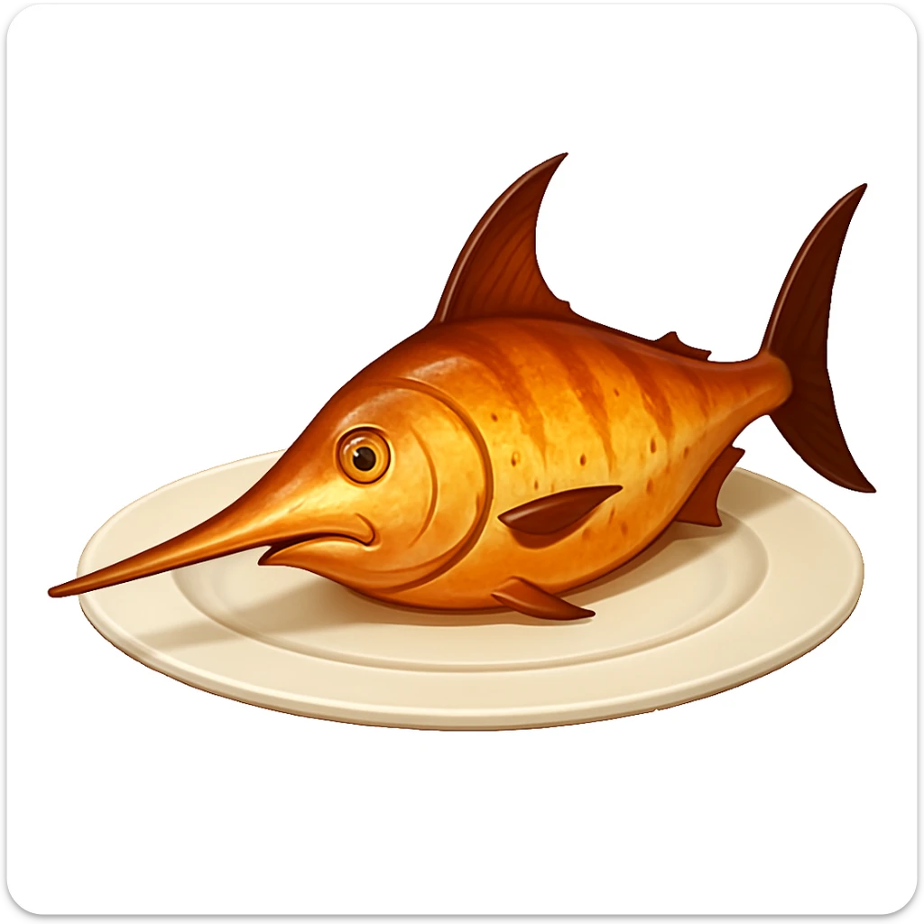 Add a prominent sword-like bill to the cooked swordfish on a plate, emoji style. Keep the cooked look, no garnish. sticker