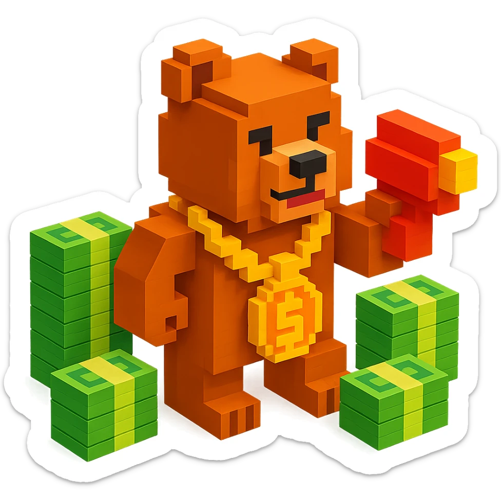 Russian grizzly bear with a rapper chain and a money gun, surrounded by stacks of money sticker