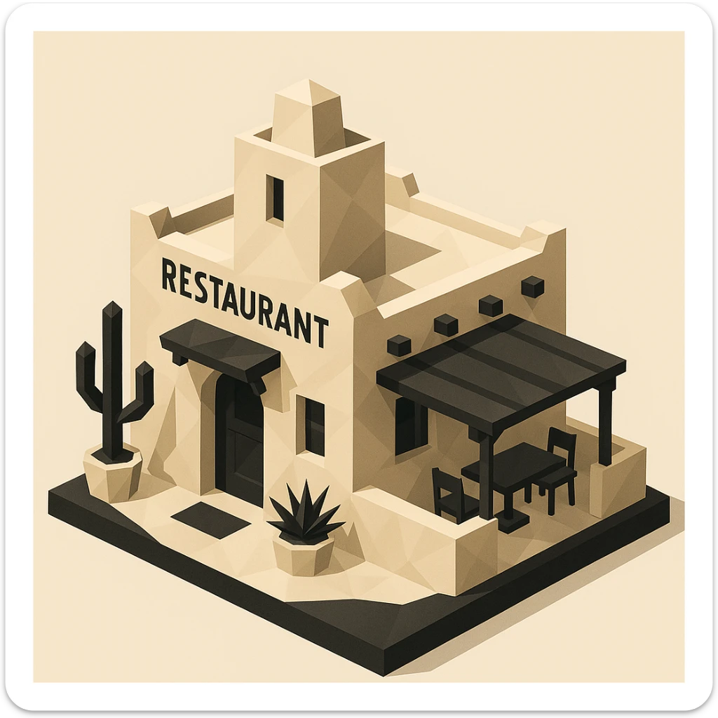 isometric exterior of a southwestern restaurant, black, beige, and white color palette, dollhouse style, low-poly polygonal 3D look sticker