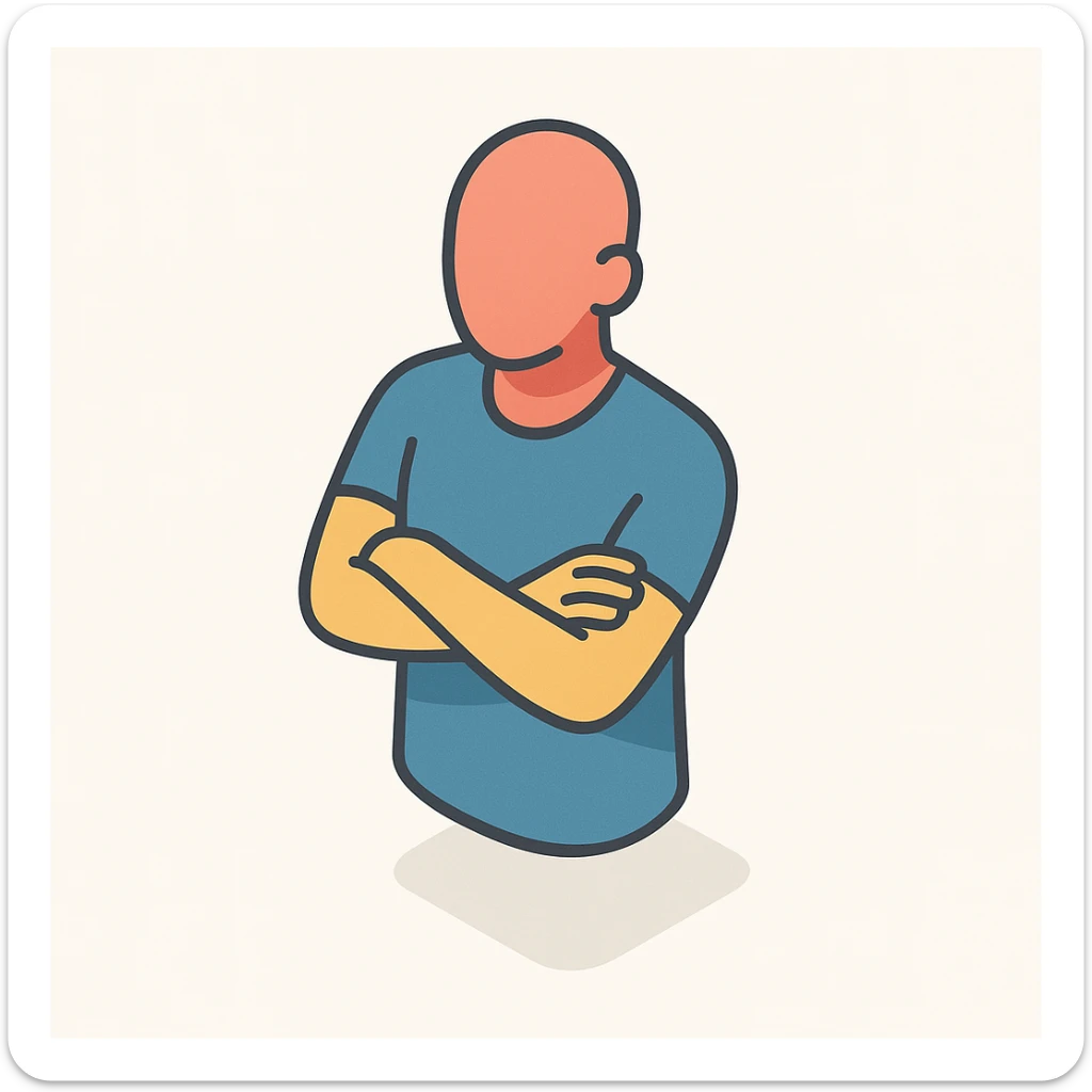 minimalist human silhouette without hair, standing with arms crossed on chest, symbol of self-care, 2D isometric style, very simple shape, clear shadows and highlights sticker