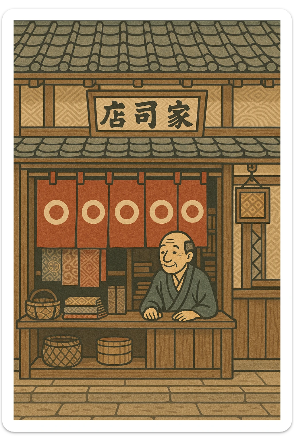 Japanese traditional fabric noren curtain, red cloth with white circle pattern, old-fashioned shop atmosphere, Japanese style sticker