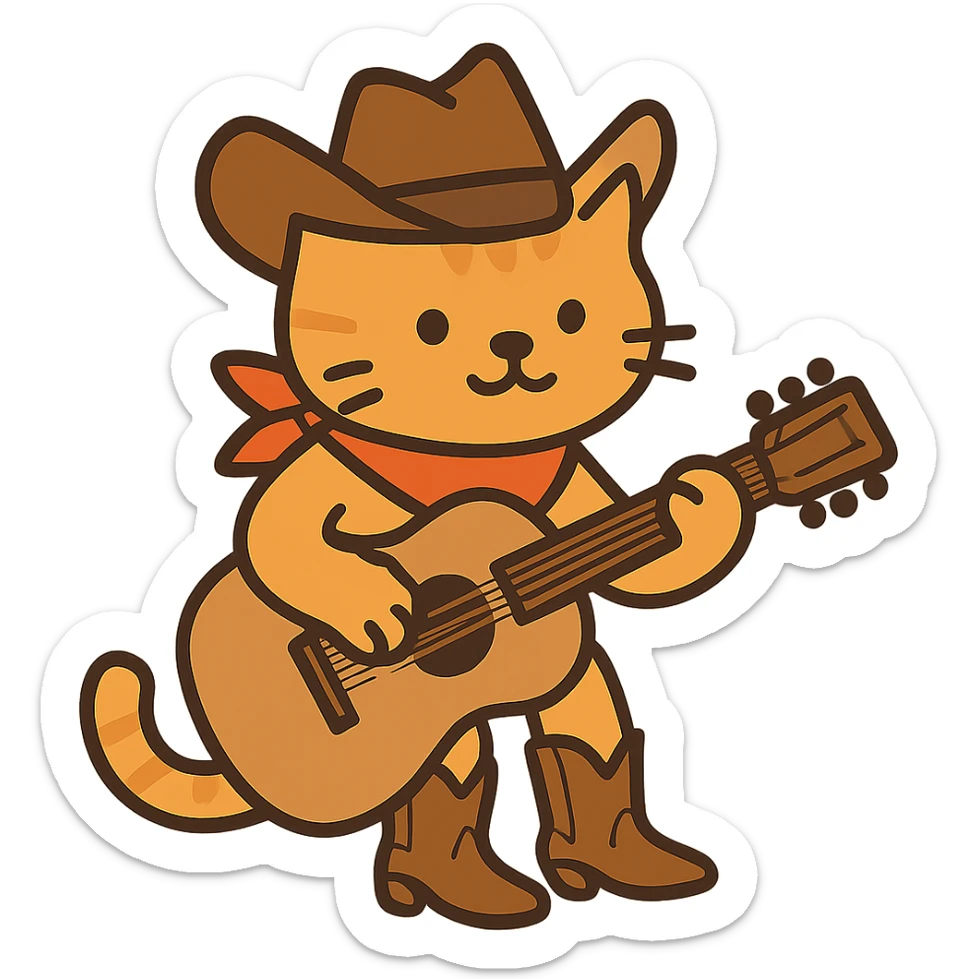 flat toon orange cowboy cat strumming an acoustic guitar, wearing cowboy boots and a bandana sticker